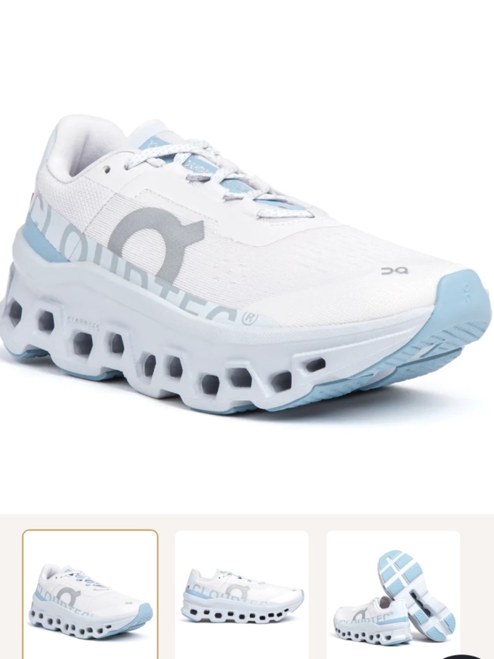 On Running Women's Cloudmonster Sneakers in Frost White and Light Blue